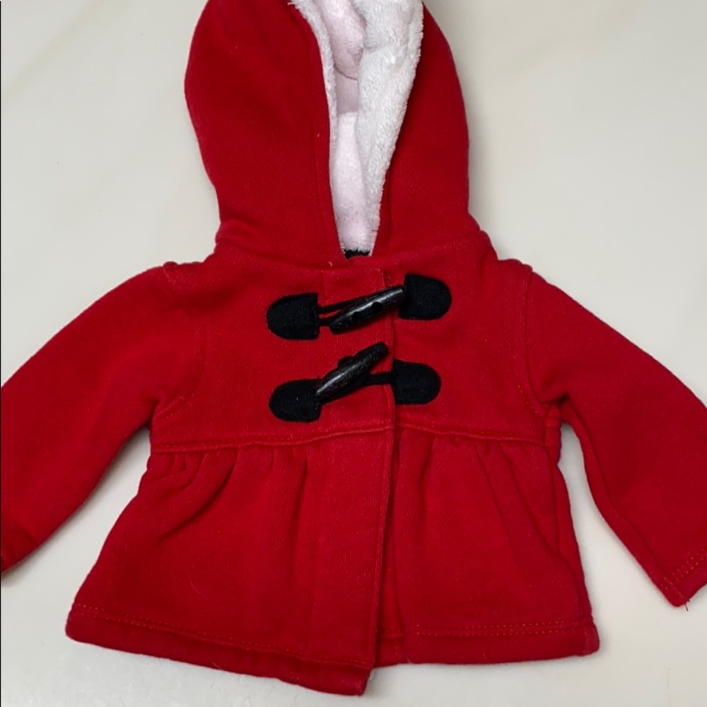 Red NB coat, white fur inside hood